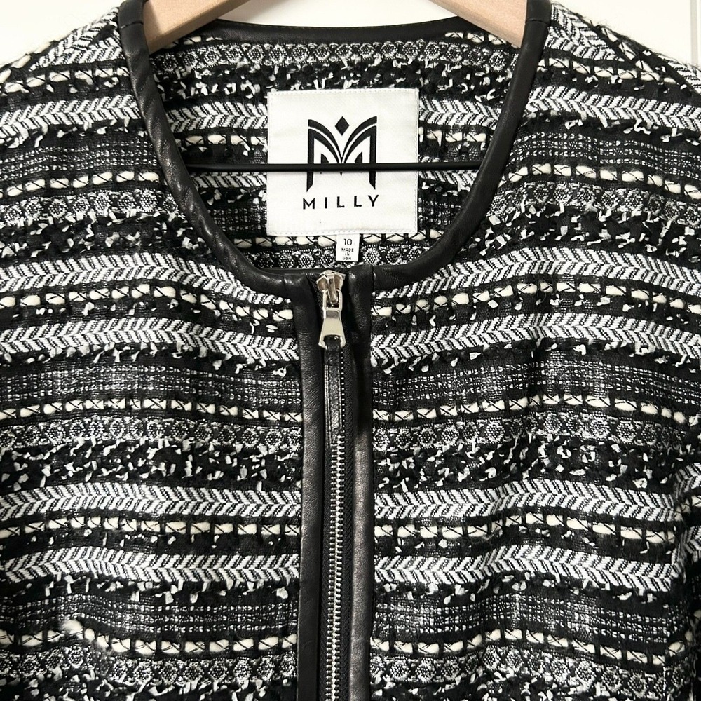 Milly Avery Black White Textured Tweed Leather Trim Jacket Blazer Moto Size 10 - Picture 3 of 9